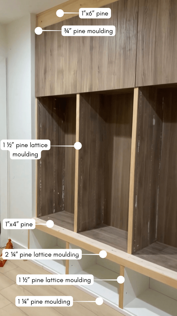 A wood panel featuring various types of pine lumber and moulding labeled with their dimensions, including 1'x6' pine, 3/4" pine moulding, 1 ½" pine lattice moulding, 1'x4' pine, 2 ¼" pine lattice moulding, and 1 ¼" pine moulding.