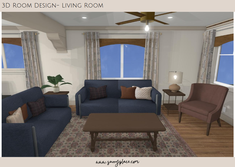 3D rendering of a cozy living room featuring two blue sofas, a brown coffee table, a brown armchair, and large windows with curtains. A ceiling fan hangs above, creating a warm atmosphere.