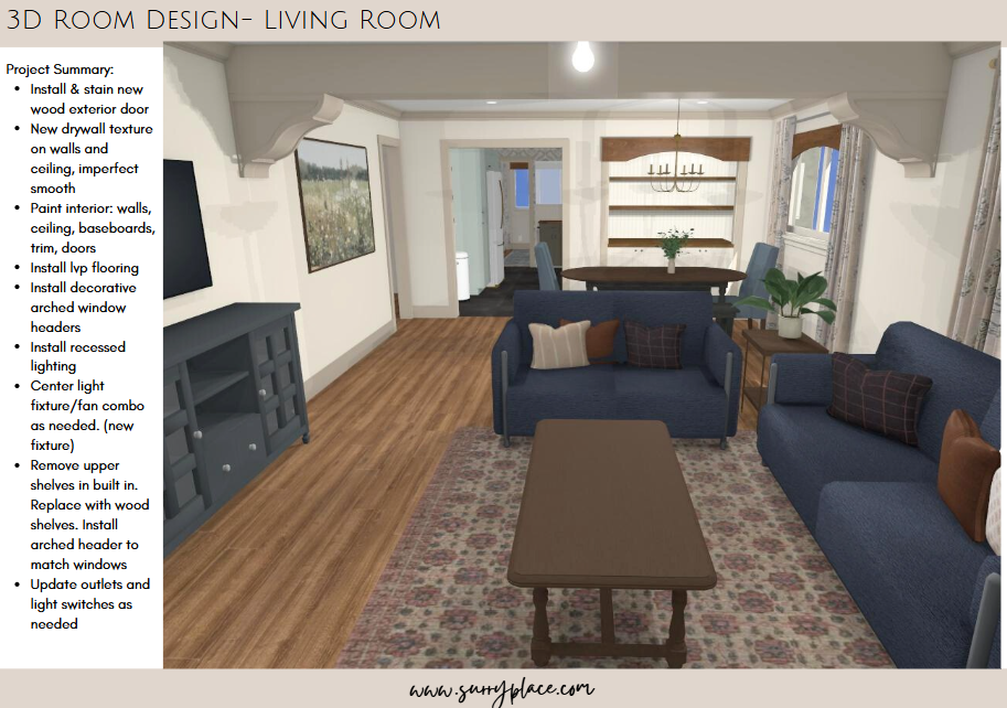 3D rendering of a living room design featuring a wooden coffee table, two blue sofas, a dining table in the background, and modern lighting fixtures. The room has light wood flooring and fresh wall colors.