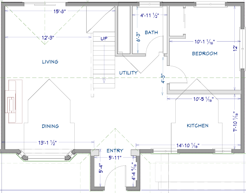 Top-down floor plan of a house with labeled areas including living room, dining room, kitchen, bedroom, bath, utility, and entry. Dimensions are indicated for each room.